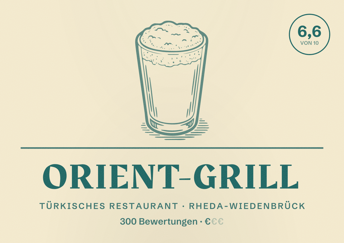 Illustriertes Poster von Orient-Grill, Türkisches Restaurant in Rheda-Wiedenbrück: Bewertung 6,6 von 10 aus 300 Bewertungen, Preisniveau €