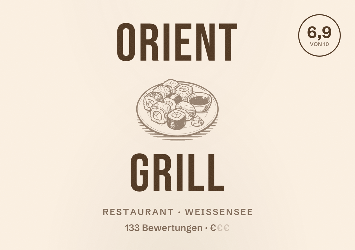 Illustriertes Poster von Orient Grill, Restaurant in Weißensee: Bewertung 6,9 von 10 aus 133 Bewertungen, Preisniveau €