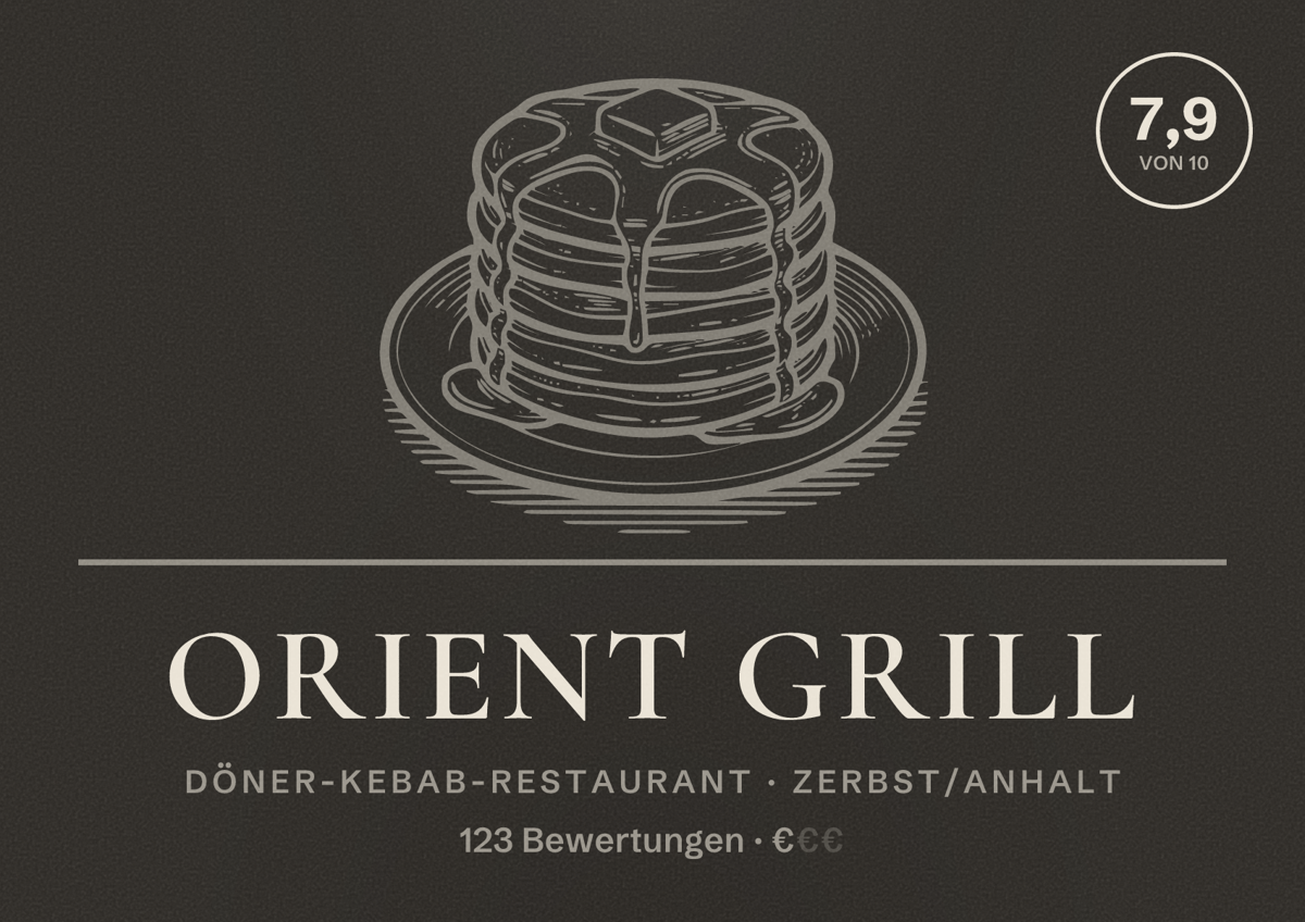 Illustriertes Poster von Orient Grill, Döner-Kebab-Restaurant in Zerbst/Anhalt: Bewertung 7,9 von 10 aus 123 Bewertungen, Preisniveau €