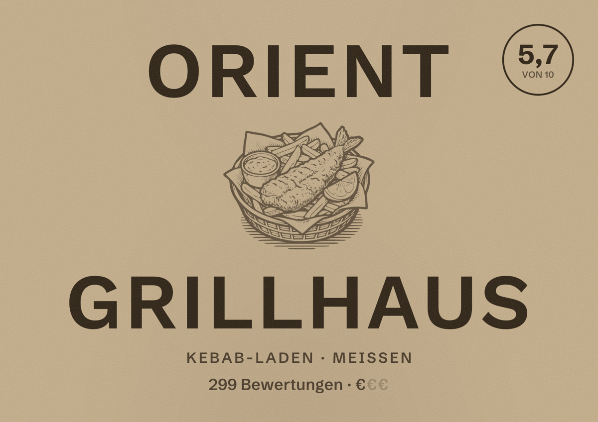 Illustriertes Poster von Orient Grillhaus, Kebab-Laden in Meißen: Bewertung 5,7 von 10 aus 299 Bewertungen, Preisniveau €