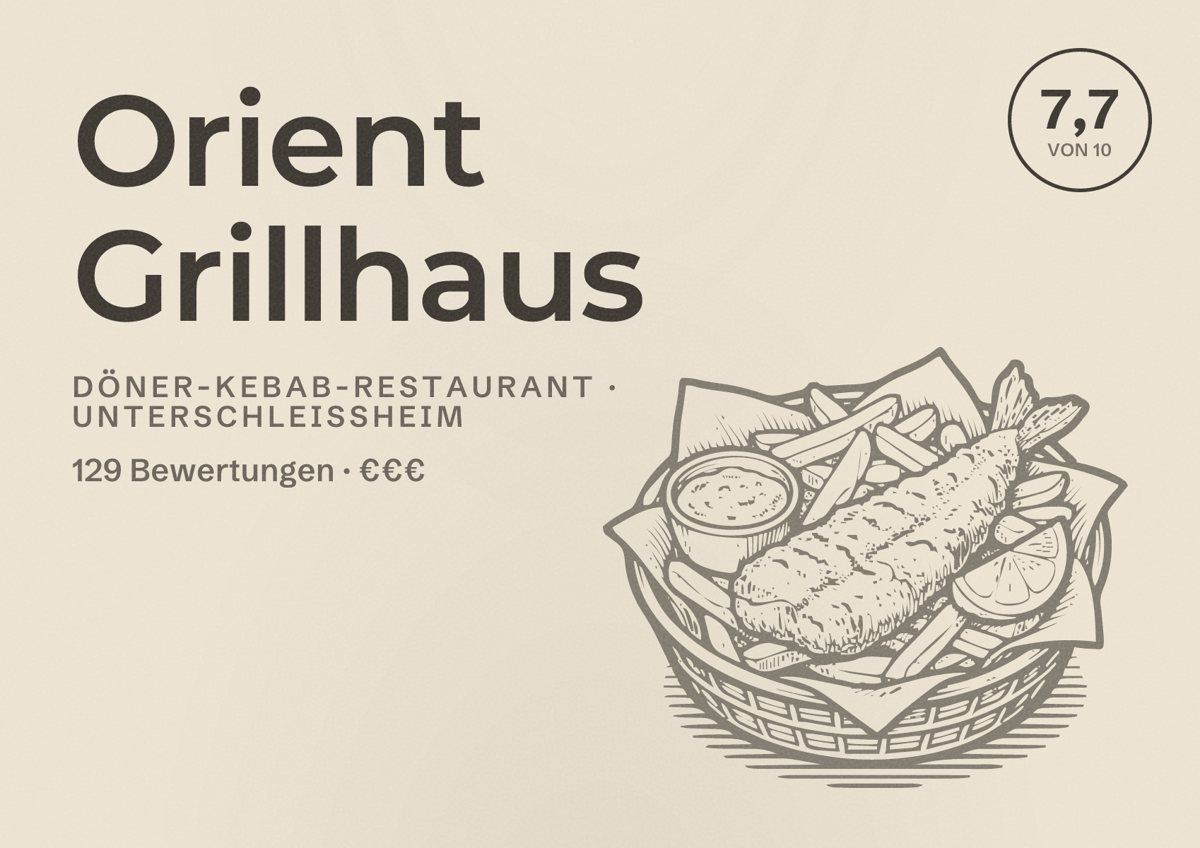 Illustriertes Poster von Orient Grillhaus, Döner-Kebab-Restaurant in Unterschleißheim: Bewertung 7,7 von 10 aus 129 Bewertungen, Preisniveau €€€