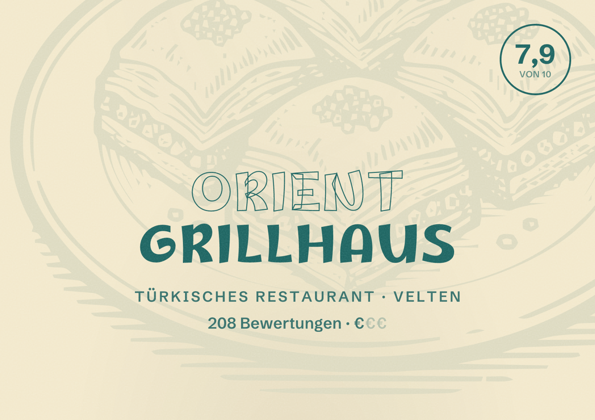 Illustriertes Poster von Orient Grillhaus, Türkisches Restaurant in Velten: Bewertung 7,9 von 10 aus 208 Bewertungen, Preisniveau €