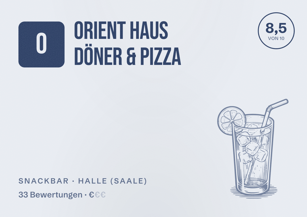 Illustriertes Poster von Orient Haus Döner & Pizza, Snackbar in Halle (Saale): Bewertung 8,5 von 10 aus 33 Bewertungen, Preisniveau €