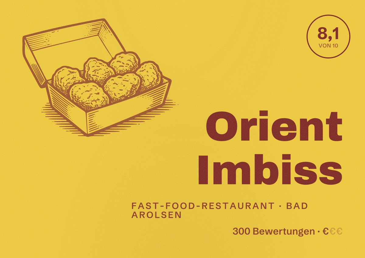 Illustriertes Poster von Orient Imbiss, Fast-Food-Restaurant in Bad Arolsen: Bewertung 8,1 von 10 aus 300 Bewertungen, Preisniveau €