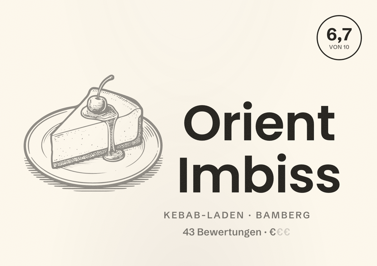 Illustriertes Poster von Orient Imbiss, Kebab-Laden in Bamberg: Bewertung 6,7 von 10 aus 43 Bewertungen, Preisniveau €
