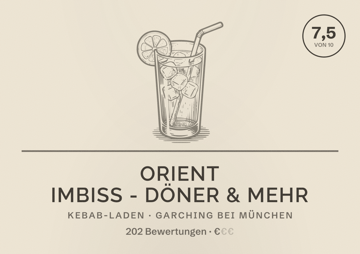 Illustriertes Poster von Orient Imbiss - Döner & mehr, Kebab-Laden in Garching bei München: Bewertung 7,5 von 10 aus 202 Bewertungen, Preisniveau €