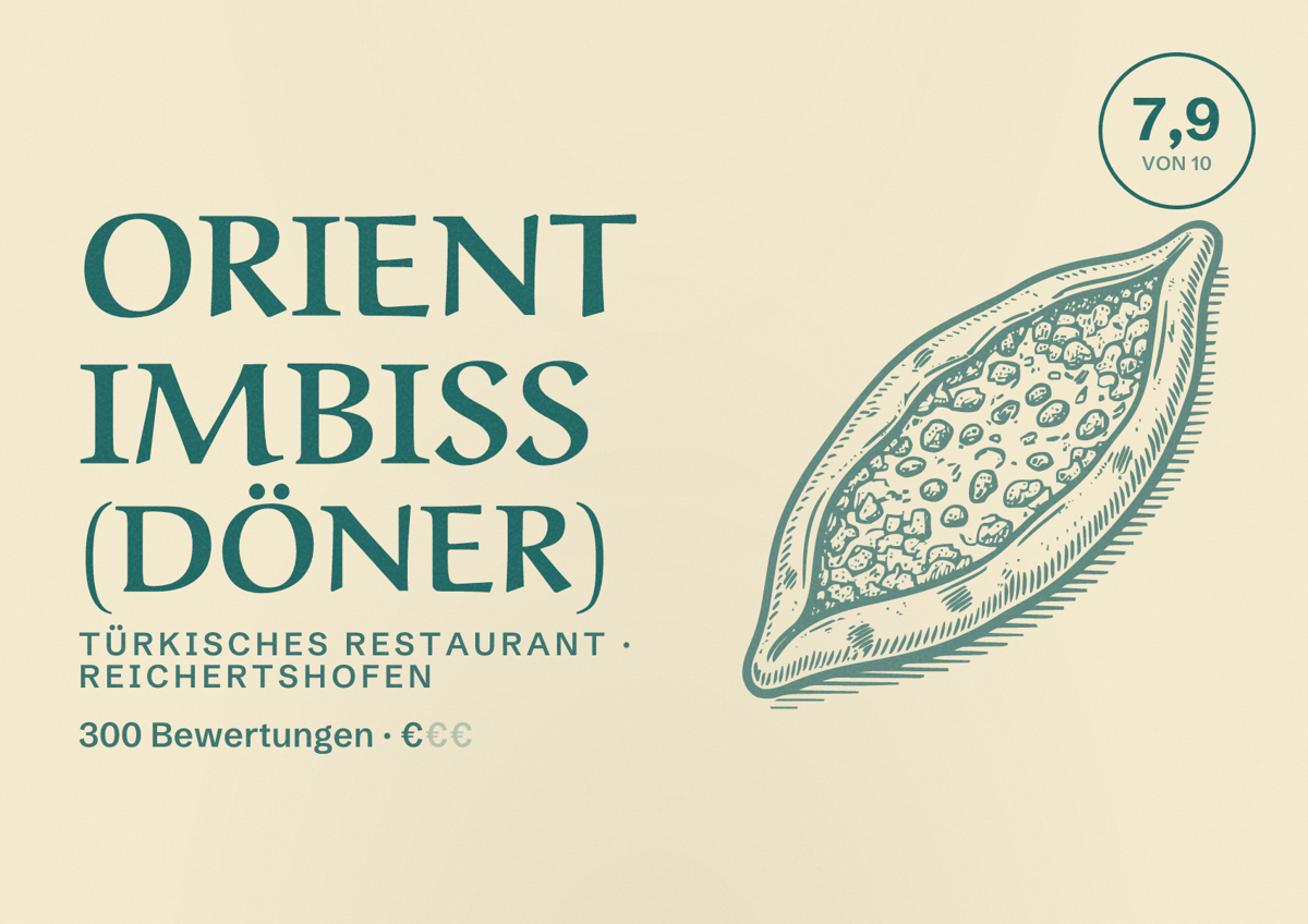 Illustriertes Poster von Orient Imbiss (Döner), Türkisches Restaurant in Reichertshofen: Bewertung 7,9 von 10 aus 300 Bewertungen, Preisniveau €