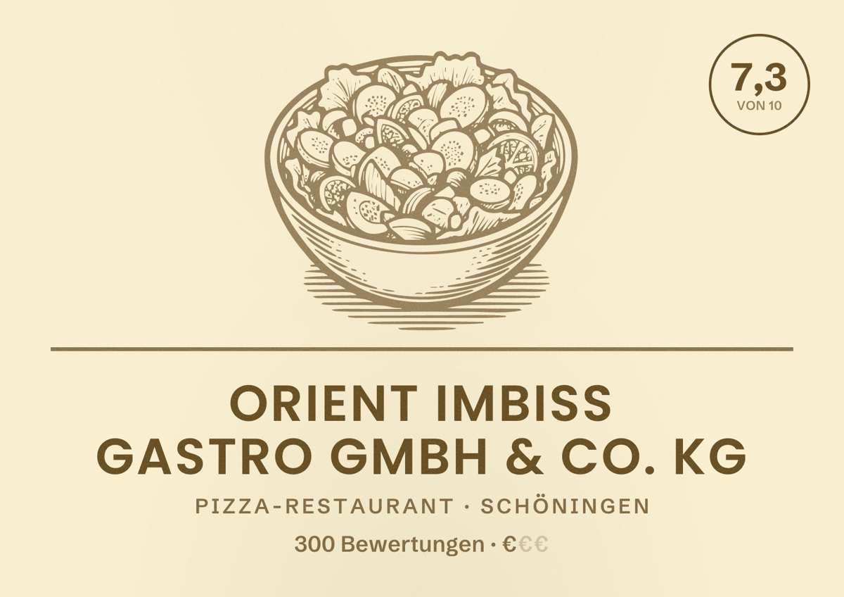 Illustriertes Poster von Orient Imbiss Gastro GmbH & Co. KG, Pizza-Restaurant in Schöningen: Bewertung 7,3 von 10 aus 300 Bewertungen, Preisniveau €