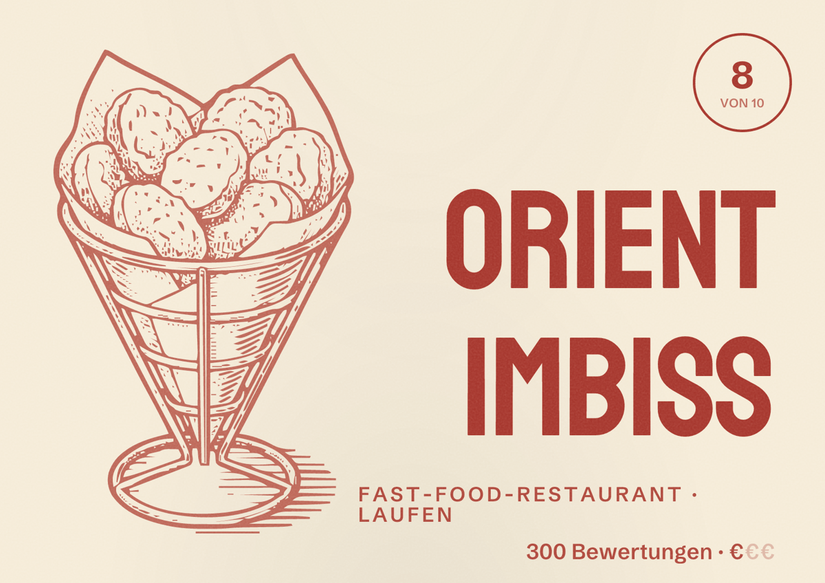 Illustriertes Poster von Orient Imbiss, Fast-Food-Restaurant in Laufen: Bewertung 8 von 10 aus 300 Bewertungen, Preisniveau €
