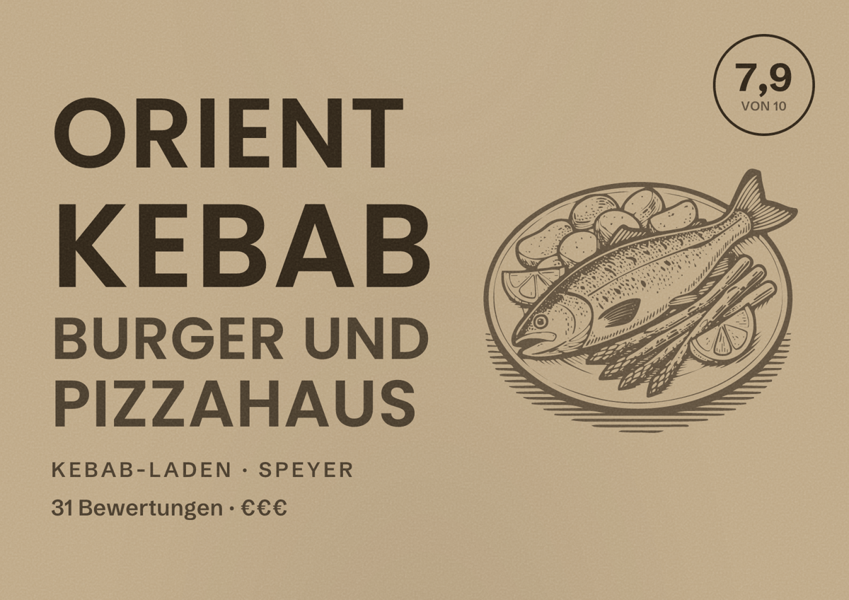 Illustriertes Poster von Orient Kebab Burger und Pizzahaus, Kebab-Laden in Speyer: Bewertung 7,9 von 10 aus 31 Bewertungen, Preisniveau €€€