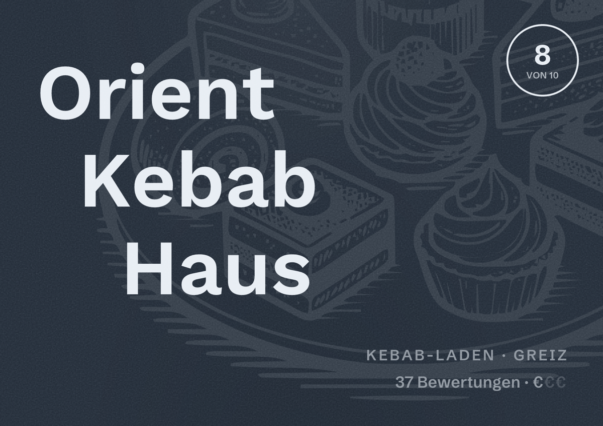 Illustriertes Poster von Orient Kebab Haus, Kebab-Laden in Greiz: Bewertung 8 von 10 aus 37 Bewertungen, Preisniveau €