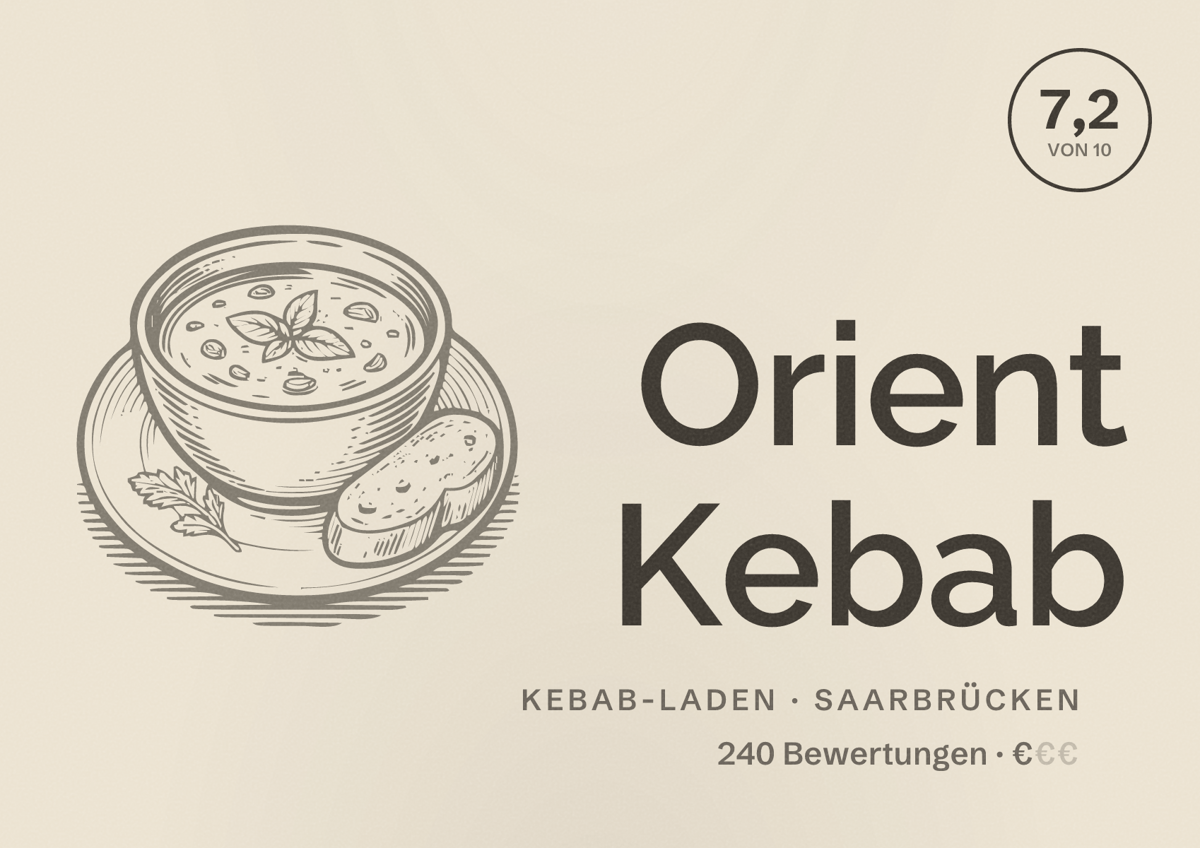 Illustriertes Poster von Orient Kebab, Kebab-Laden in Saarbrücken: Bewertung 7,2 von 10 aus 240 Bewertungen, Preisniveau €