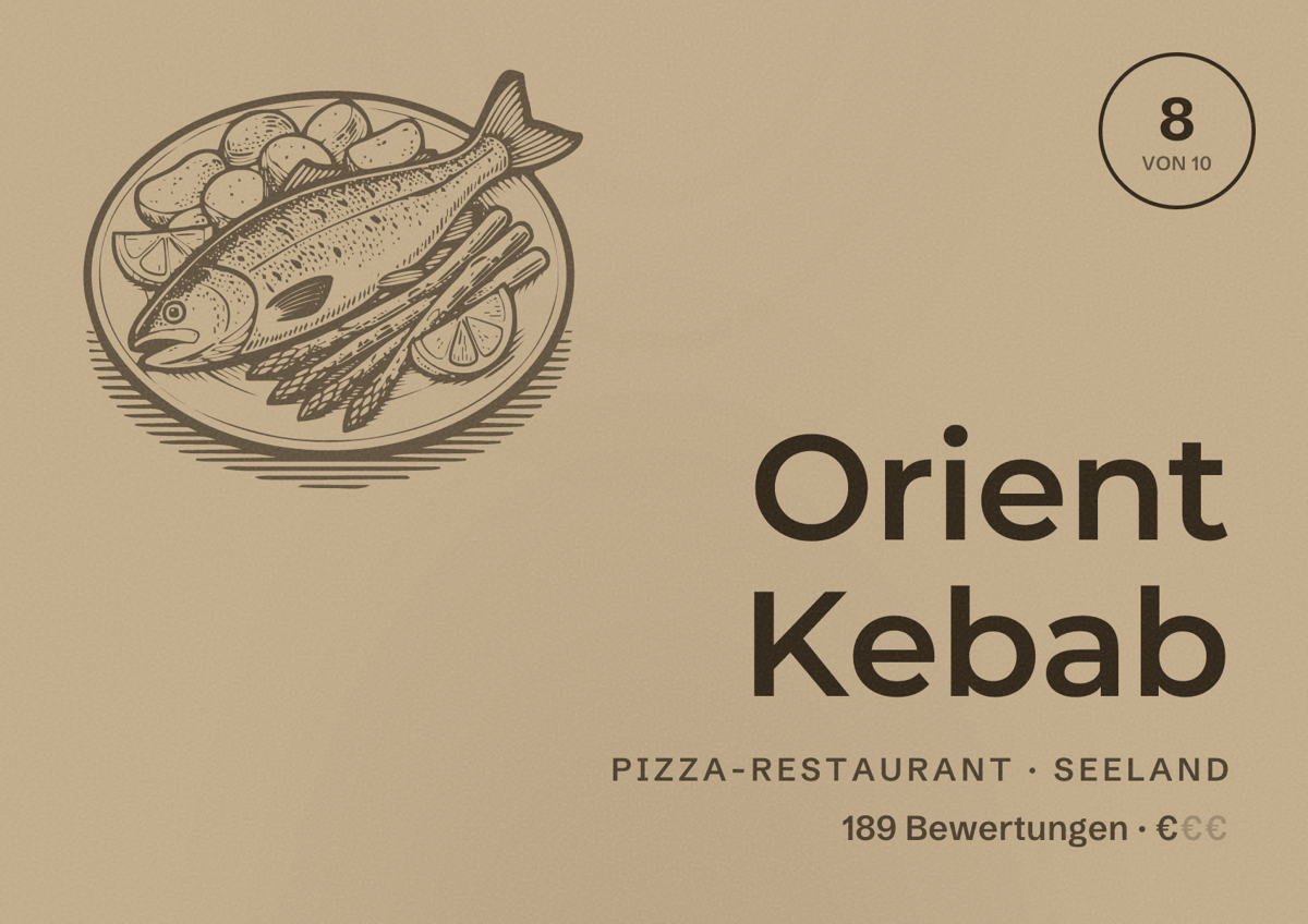 Illustriertes Poster von Orient Kebab, Pizza-Restaurant in Seeland: Bewertung 8 von 10 aus 189 Bewertungen, Preisniveau €