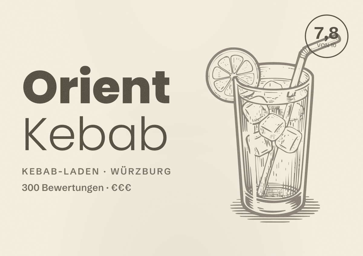 Illustriertes Poster von Orient Kebab, Kebab-Laden in Würzburg: Bewertung 7,8 von 10 aus 300 Bewertungen, Preisniveau €€€