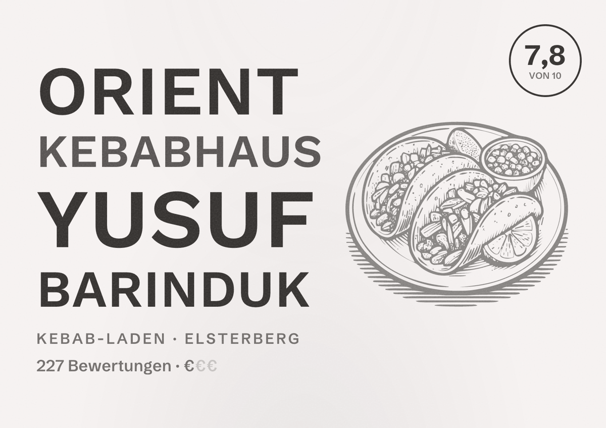 Illustriertes Poster von Orient Kebabhaus Yusuf Barinduk, Kebab-Laden in Elsterberg: Bewertung 7,8 von 10 aus 227 Bewertungen, Preisniveau €