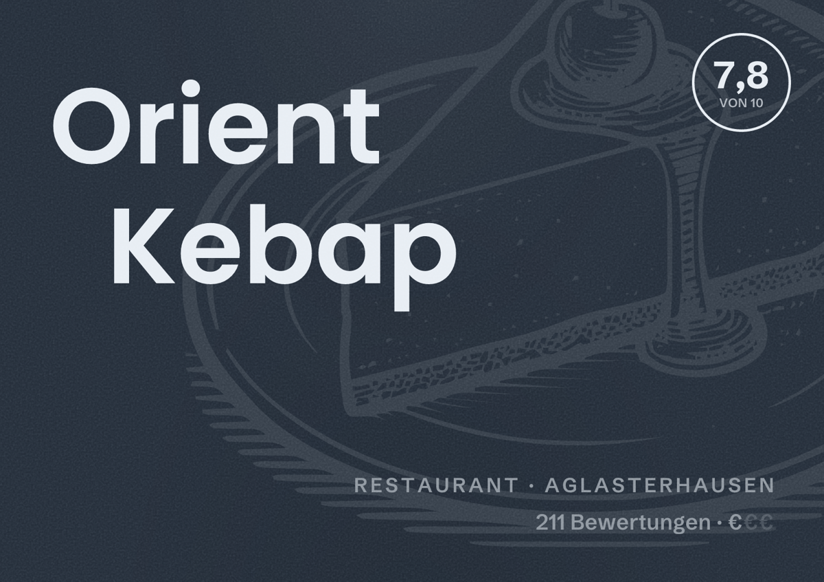 Illustriertes Poster von Orient Kebap, Restaurant in Aglasterhausen: Bewertung 7,8 von 10 aus 211 Bewertungen, Preisniveau €