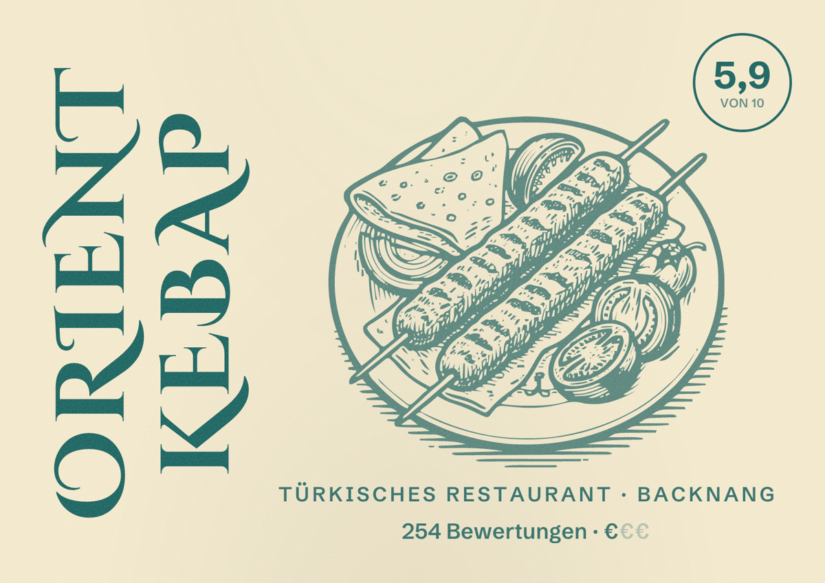 Illustriertes Poster von Orient Kebap, Türkisches Restaurant in Backnang: Bewertung 5,9 von 10 aus 254 Bewertungen, Preisniveau €