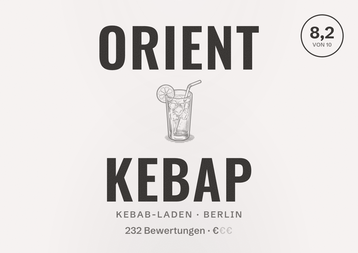 Illustriertes Poster von Orient Kebap, Kebab-Laden in Berlin: Bewertung 8,2 von 10 aus 232 Bewertungen, Preisniveau €
