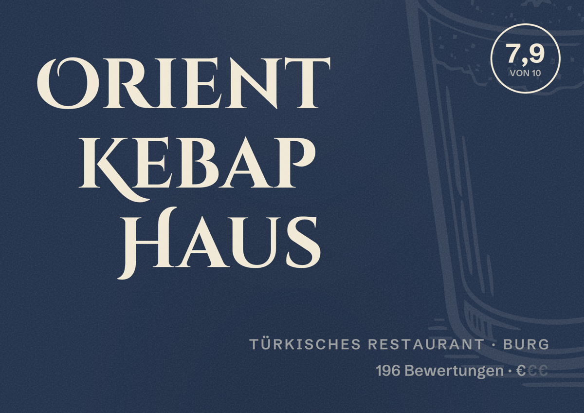 Illustriertes Poster von Orient Kebap Haus, Türkisches Restaurant in Burg: Bewertung 7,9 von 10 aus 196 Bewertungen, Preisniveau €