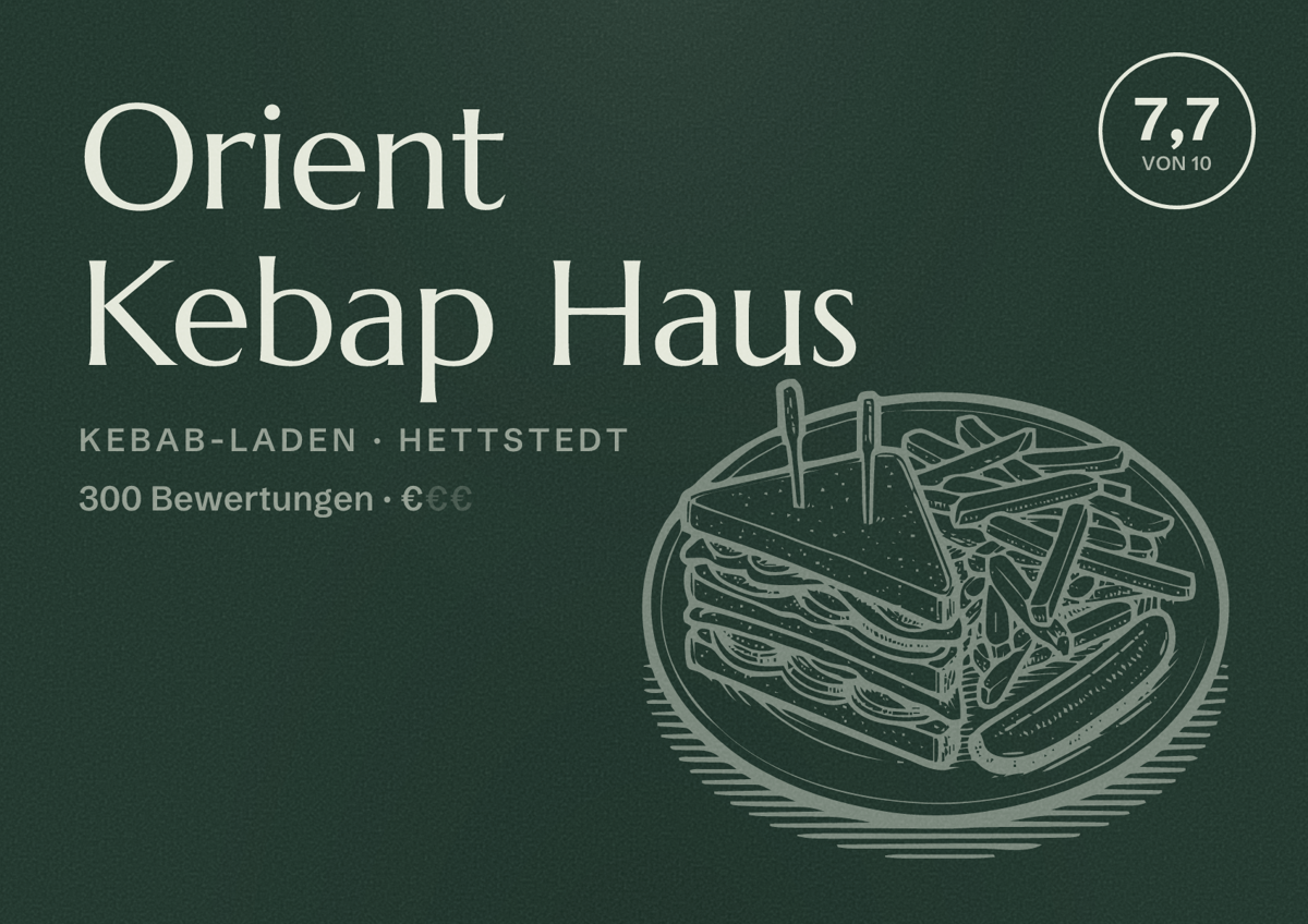 Illustriertes Poster von Orient Kebap Haus, Kebab-Laden in Hettstedt: Bewertung 7,7 von 10 aus 300 Bewertungen, Preisniveau €