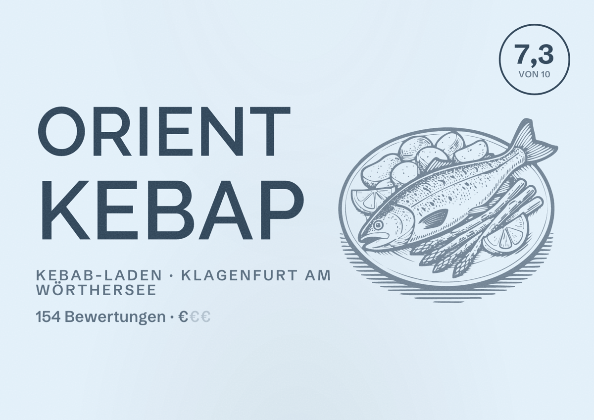 Illustriertes Poster von Orient Kebap, Kebab-Laden in Klagenfurt am Wörthersee: Bewertung 7,3 von 10 aus 154 Bewertungen, Preisniveau €