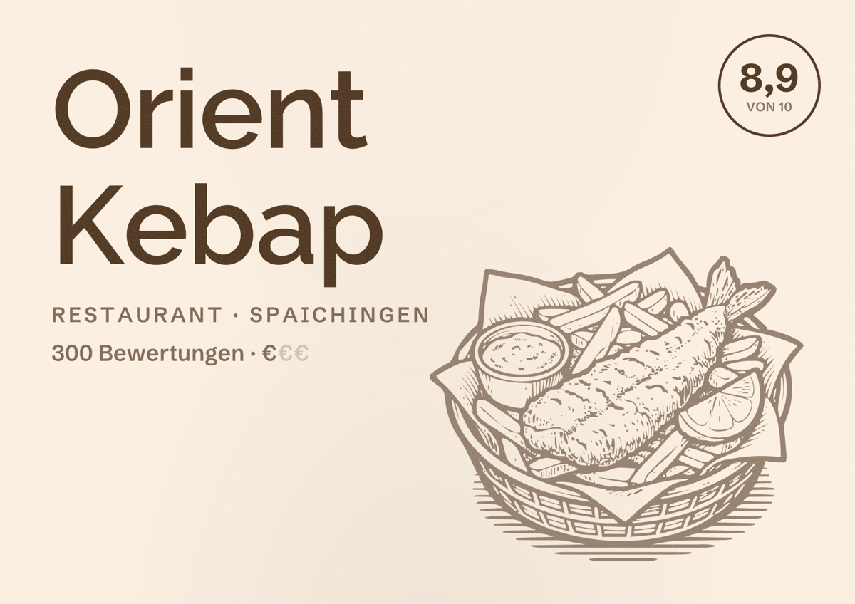 Illustriertes Poster von Orient Kebap, Restaurant in Spaichingen: Bewertung 8,9 von 10 aus 300 Bewertungen, Preisniveau €