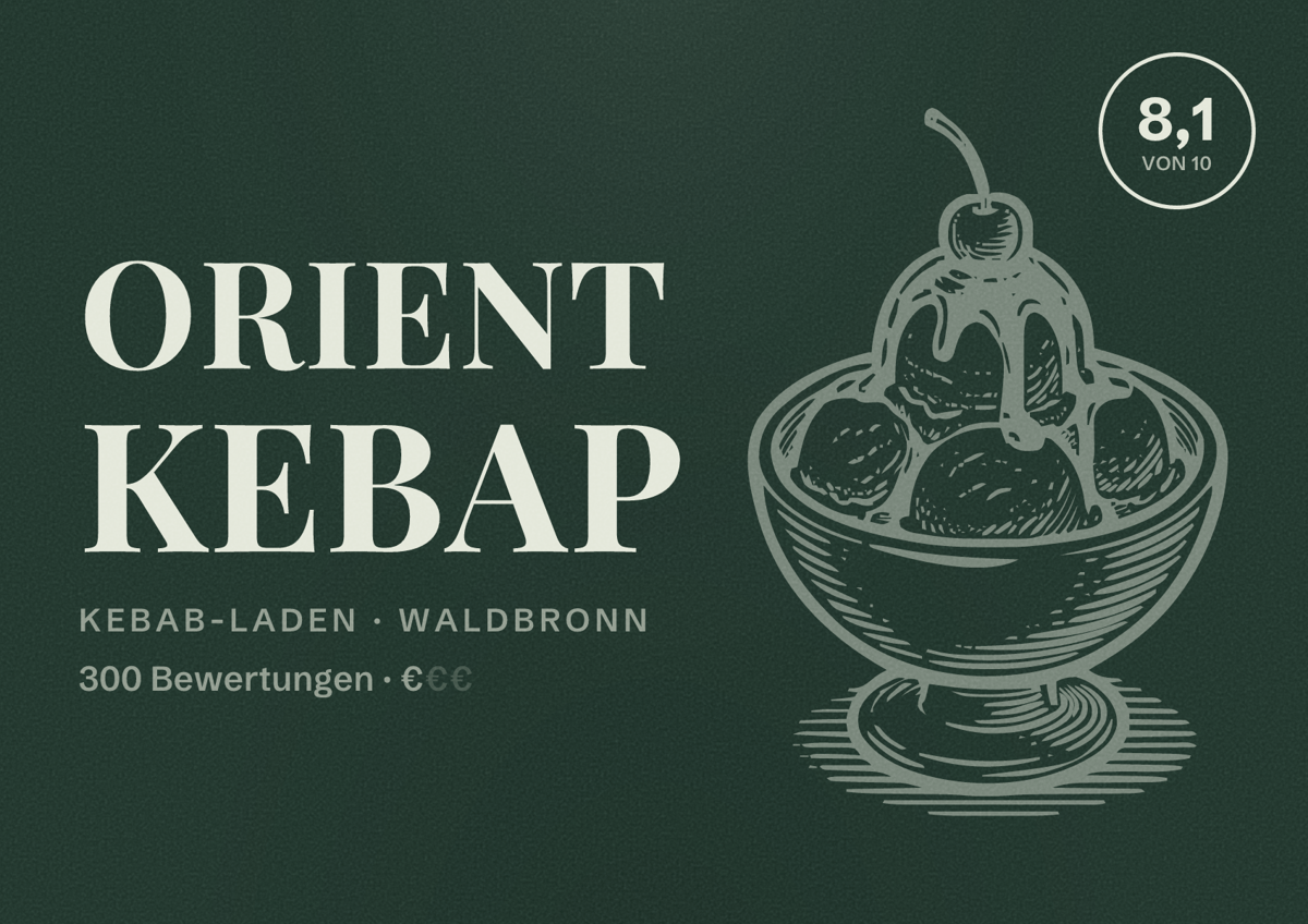 Illustriertes Poster von Orient Kebap, Kebab-Laden in Waldbronn: Bewertung 8,1 von 10 aus 300 Bewertungen, Preisniveau €