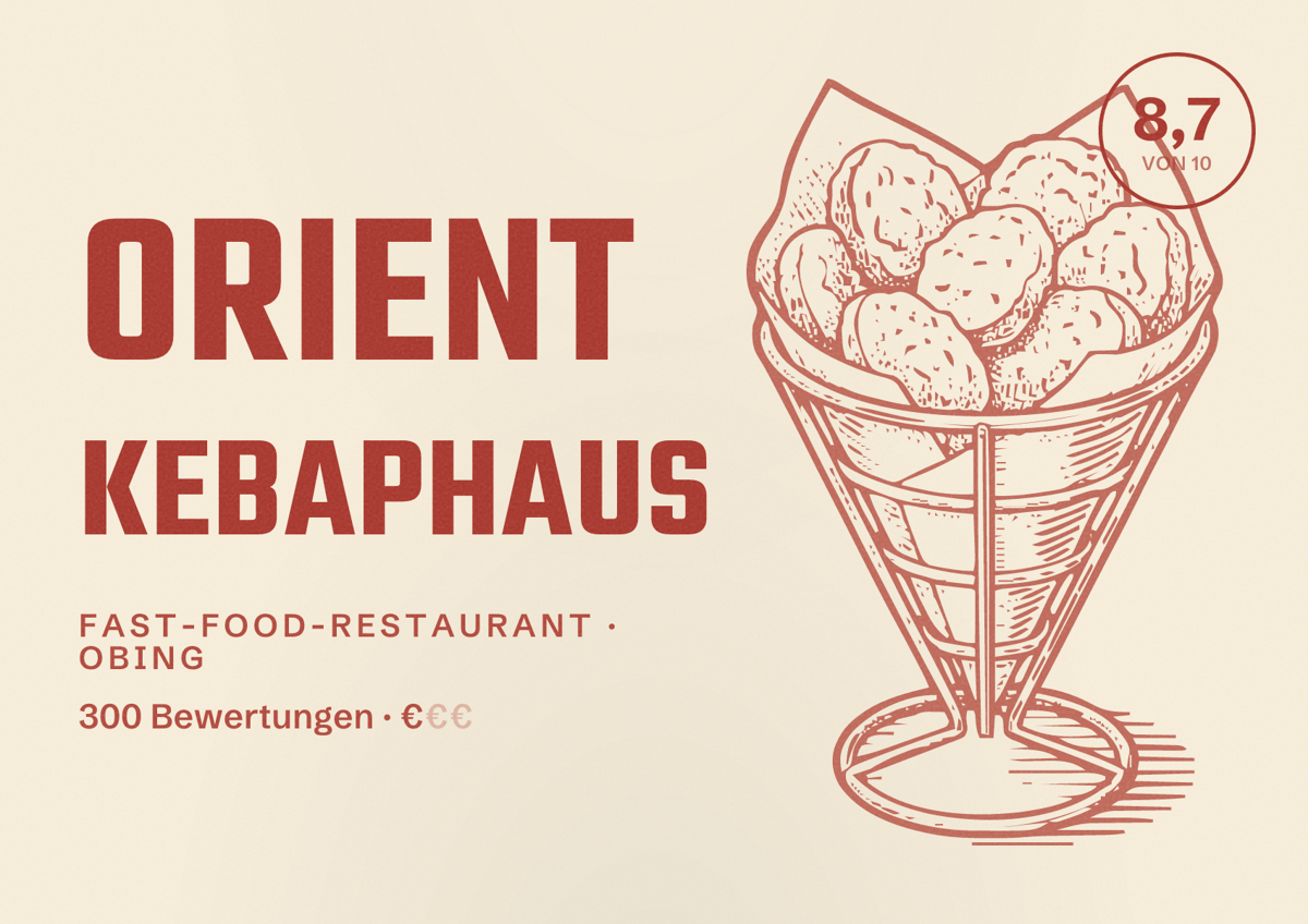 Illustriertes Poster von Orient KebapHaus, Fast-Food-Restaurant in Obing: Bewertung 8,7 von 10 aus 300 Bewertungen, Preisniveau €