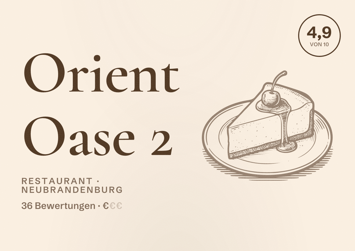 Illustriertes Poster von Orient Oase 2, Restaurant in Neubrandenburg: Bewertung 4,9 von 10 aus 36 Bewertungen, Preisniveau €