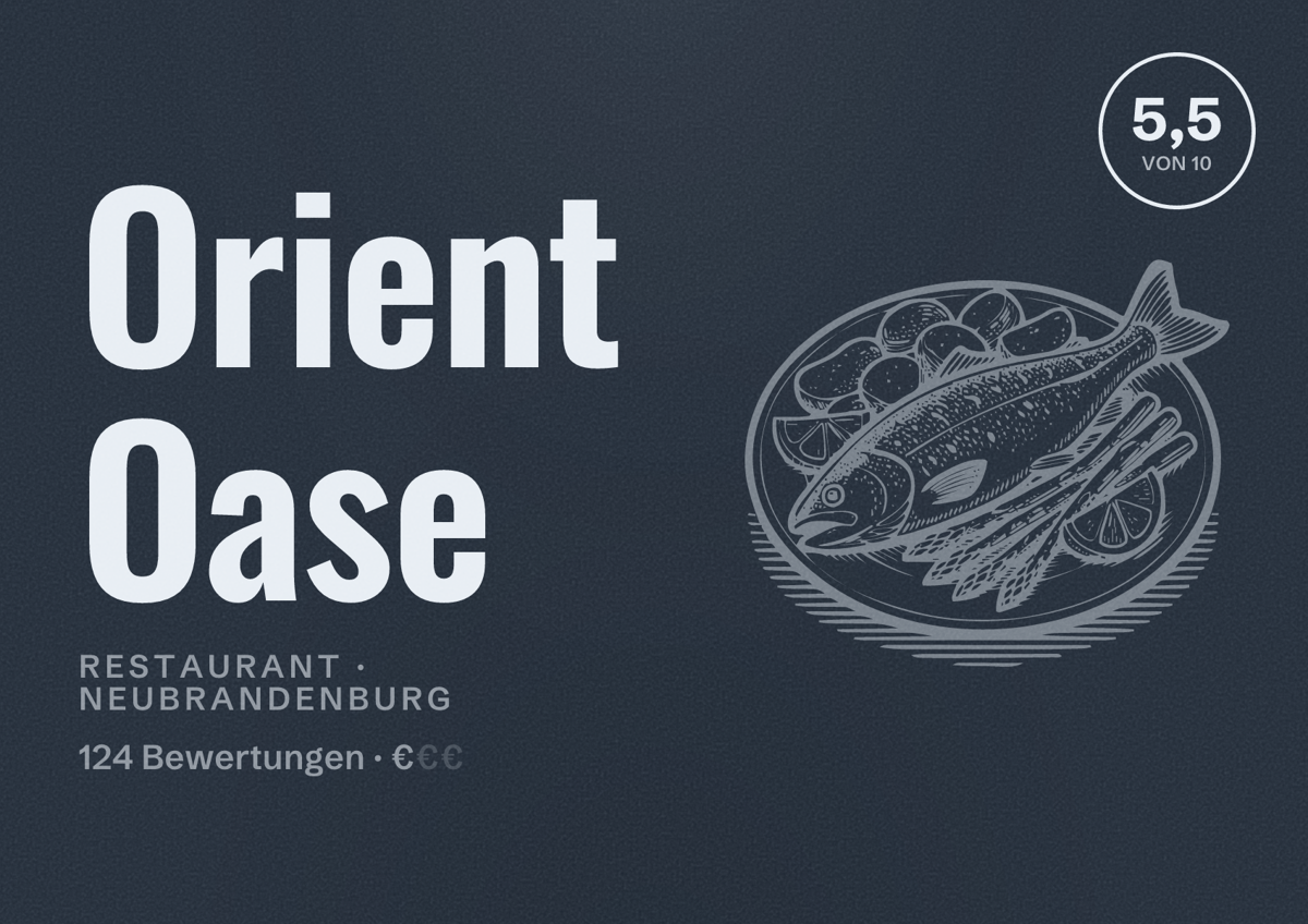 Illustriertes Poster von Orient Oase, Restaurant in Neubrandenburg: Bewertung 5,5 von 10 aus 124 Bewertungen, Preisniveau €