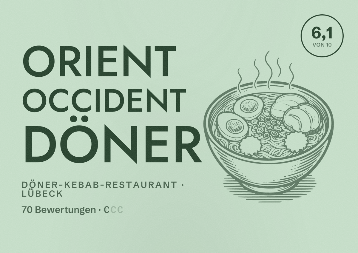 Illustriertes Poster von Orient Occident Döner, Döner-Kebab-Restaurant in Lübeck: Bewertung 6,1 von 10 aus 70 Bewertungen, Preisniveau €