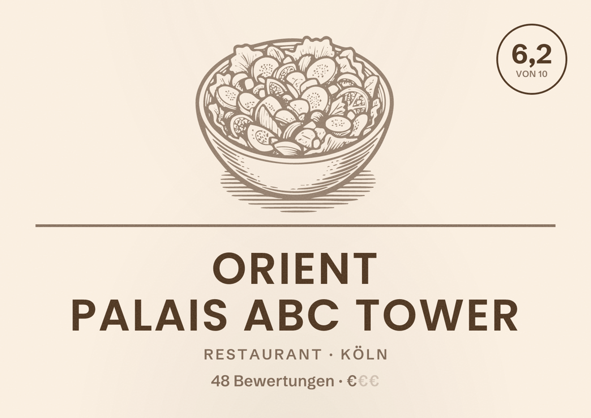 Illustriertes Poster von Orient Palais ABC Tower, Restaurant in Köln: Bewertung 6,2 von 10 aus 48 Bewertungen, Preisniveau €