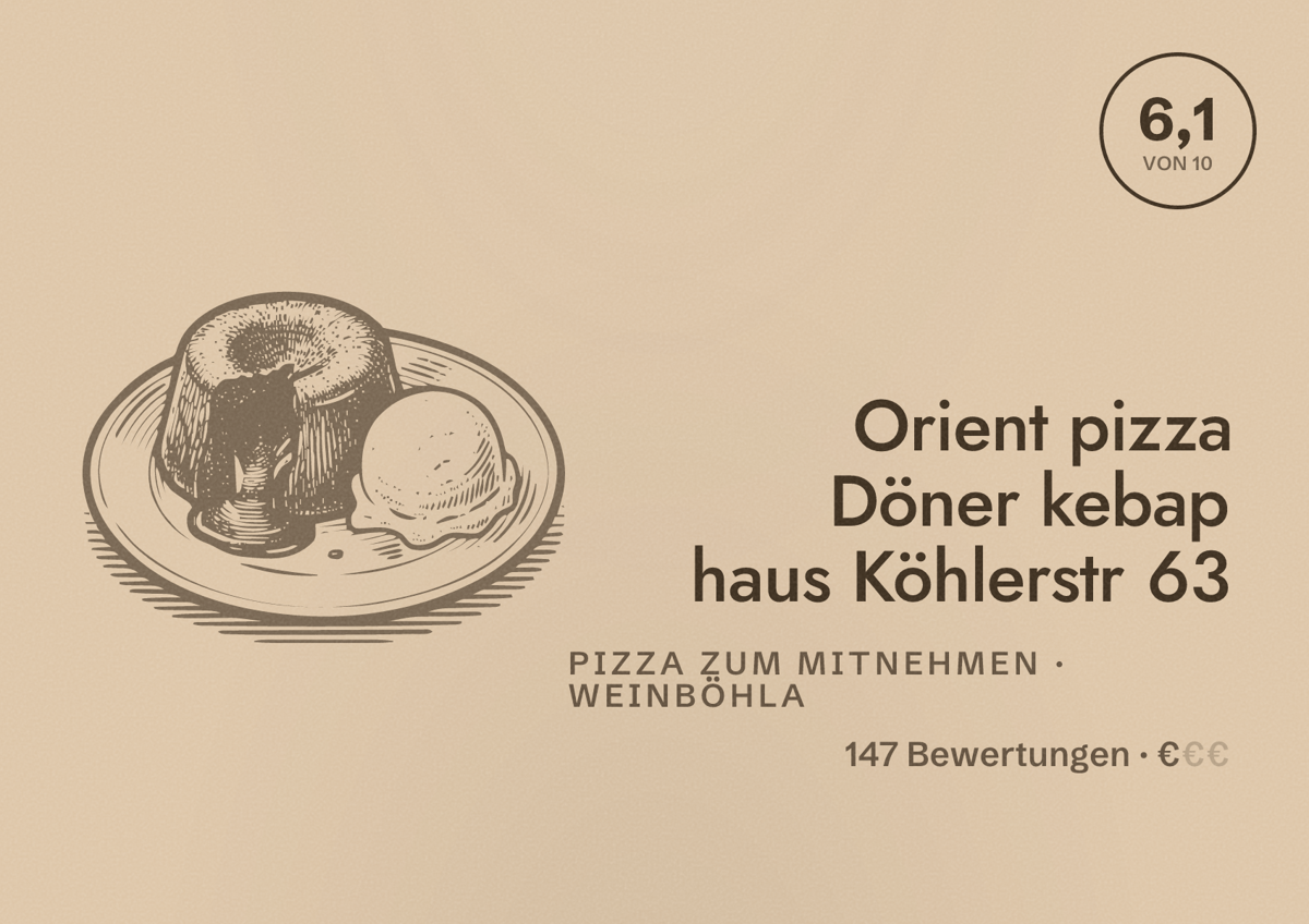 Illustriertes Poster von Orient pizza Döner kebap haus Köhlerstr 63, Pizza zum Mitnehmen in Weinböhla: Bewertung 6,1 von 10 aus 147 Bewertungen, Preisniveau €