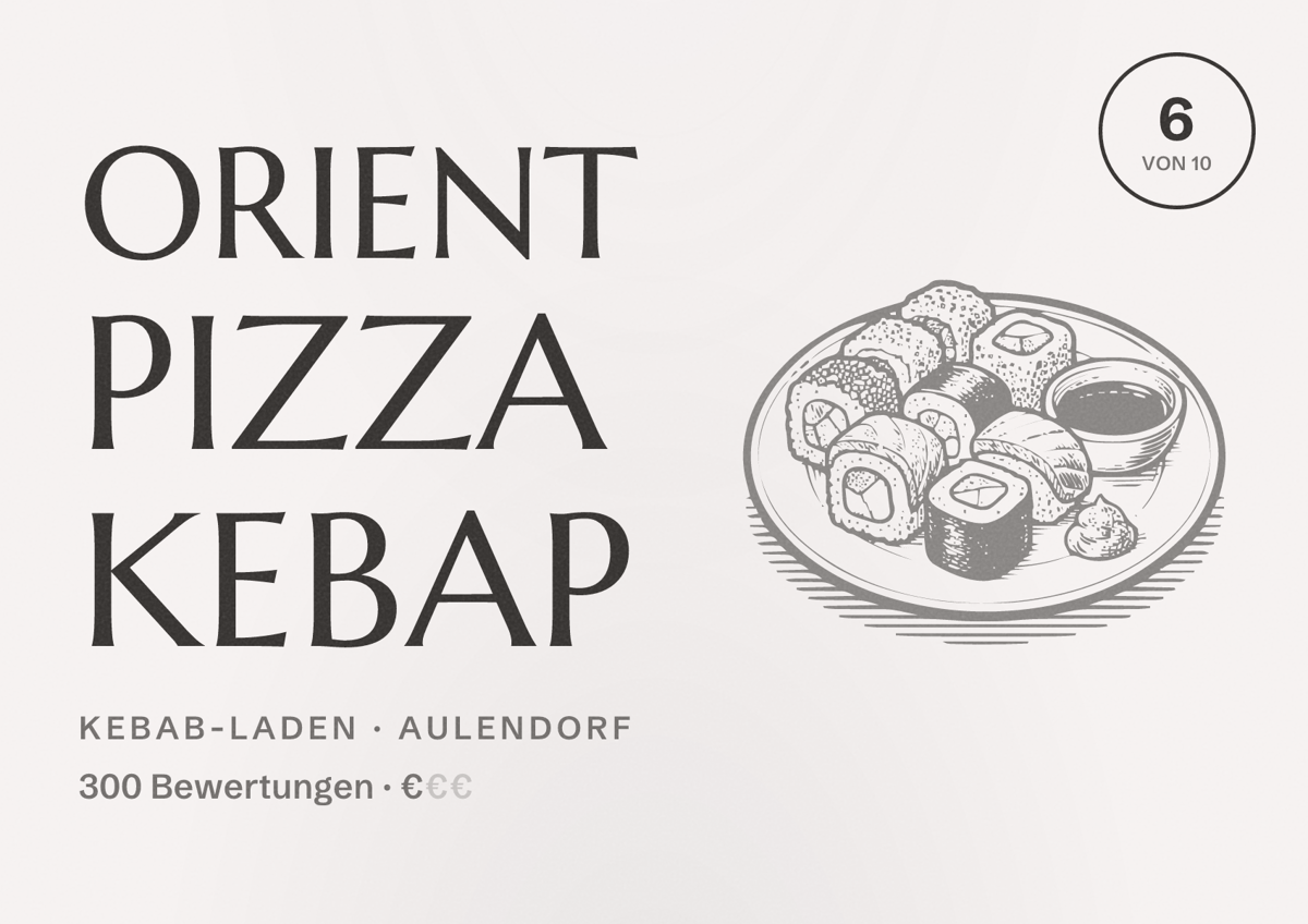 Illustriertes Poster von Orient pizza kebap, Kebab-Laden in Aulendorf: Bewertung 6 von 10 aus 300 Bewertungen, Preisniveau €