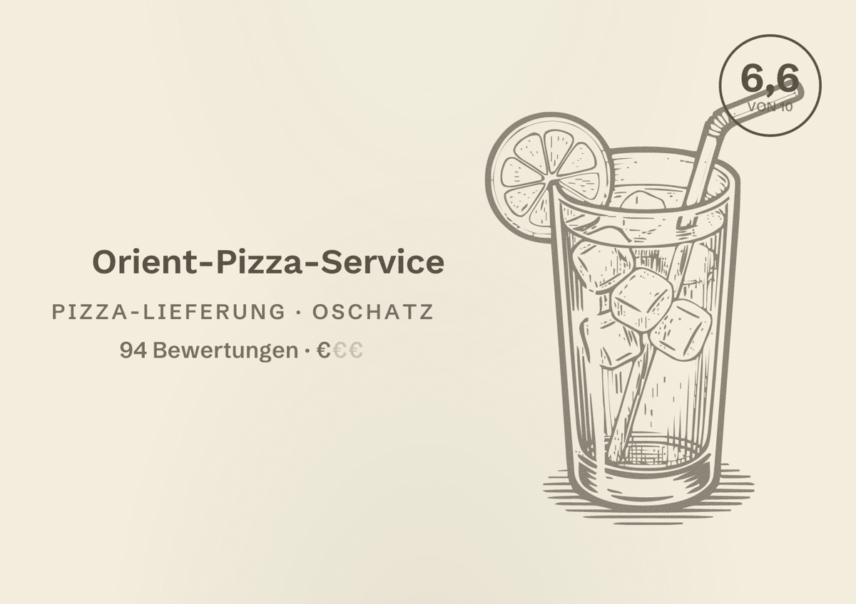 Illustriertes Poster von Orient-Pizza-Service, Pizza-Lieferung in Oschatz: Bewertung 6,6 von 10 aus 94 Bewertungen, Preisniveau €