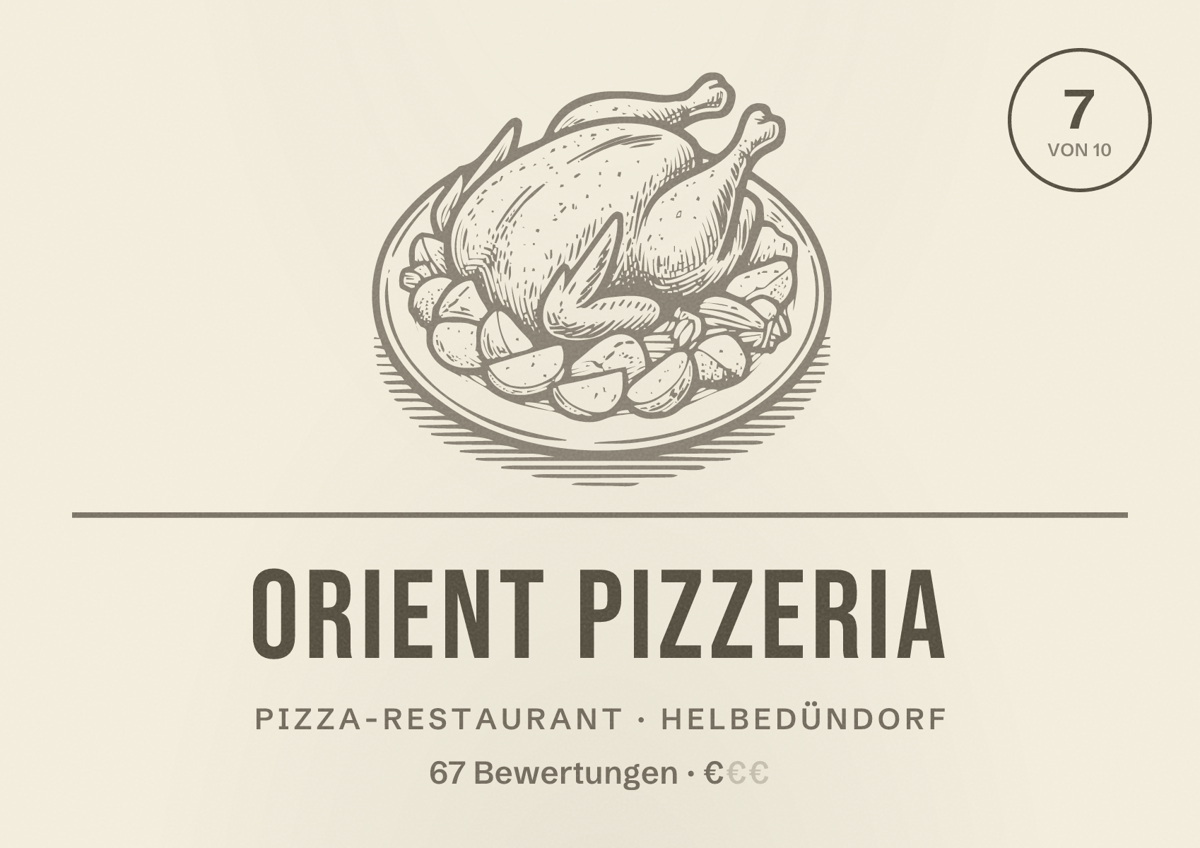 Illustriertes Poster von Orient Pizzeria, Pizza-Restaurant in Helbedündorf: Bewertung 7 von 10 aus 67 Bewertungen, Preisniveau €