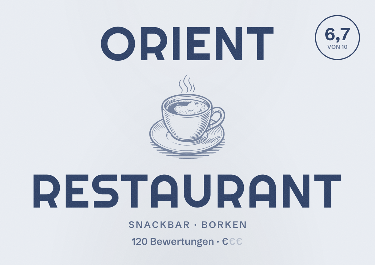 Illustriertes Poster von Orient Restaurant, Snackbar in Borken: Bewertung 6,7 von 10 aus 120 Bewertungen, Preisniveau €