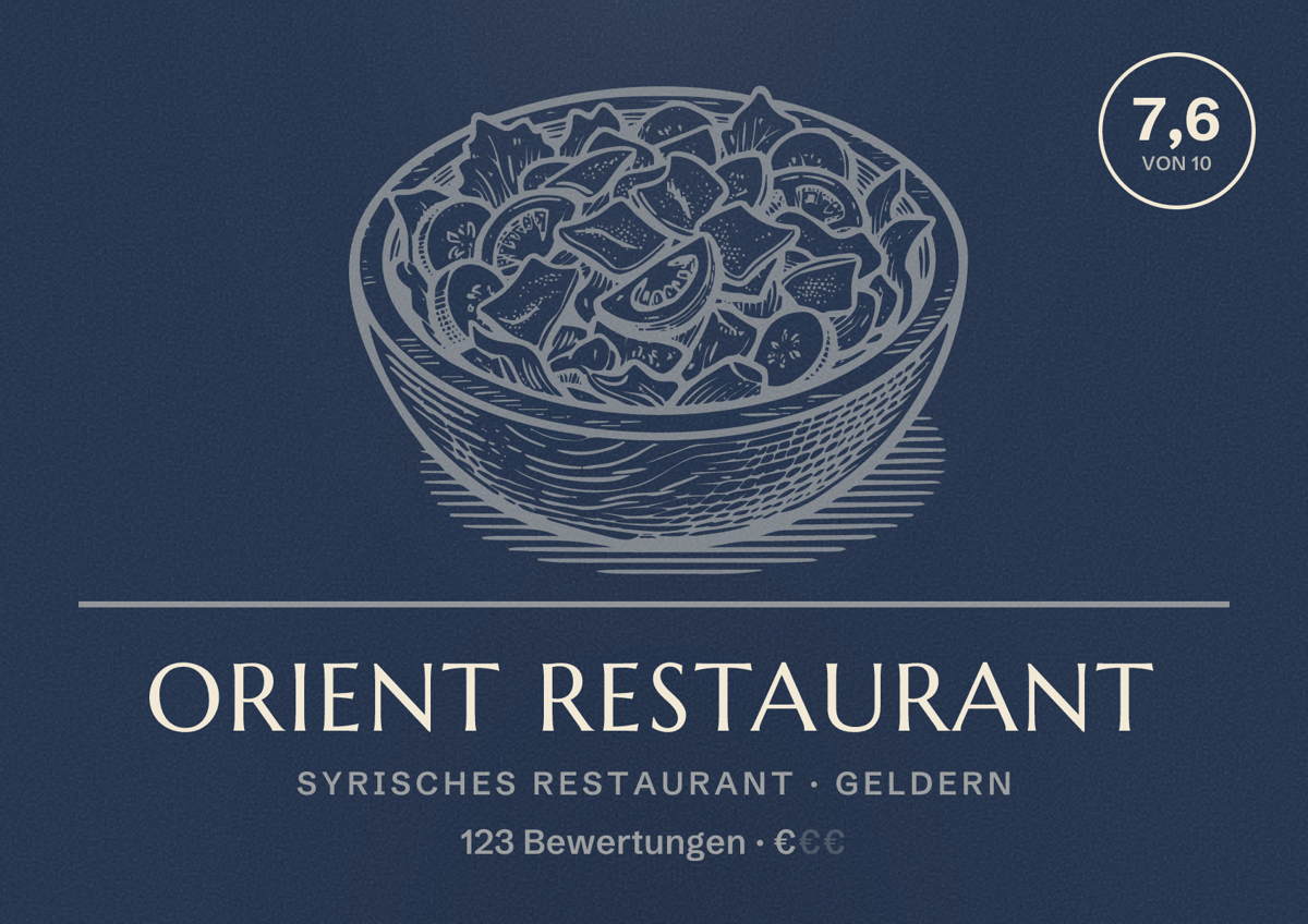 Illustriertes Poster von Orient Restaurant, Syrisches Restaurant in Geldern: Bewertung 7,6 von 10 aus 123 Bewertungen, Preisniveau €