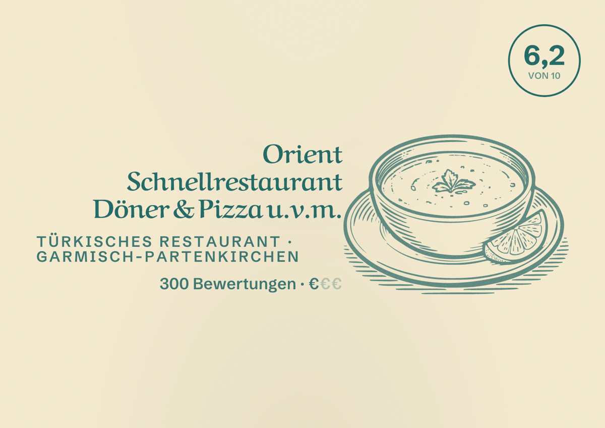 Illustriertes Poster von Orient Schnellrestaurant Döner & Pizza u.v.m., Türkisches Restaurant in Garmisch-Partenkirchen: Bewertung 6,2 von 10 aus 300 Bewertungen, Preisniveau €