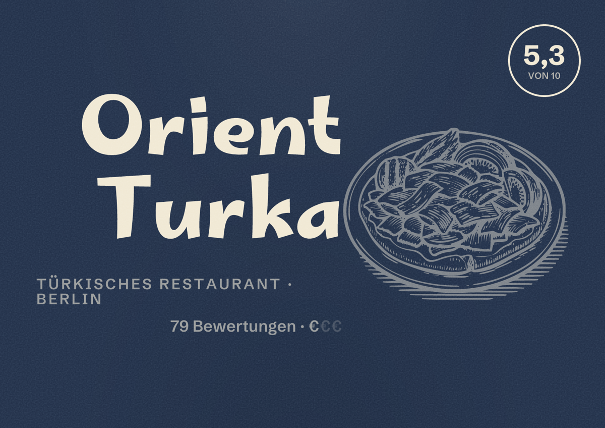 Illustriertes Poster von Orient Turka, Türkisches Restaurant in Berlin: Bewertung 5,3 von 10 aus 79 Bewertungen, Preisniveau €