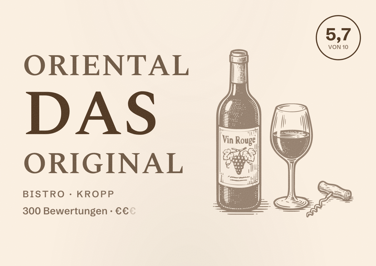 Illustriertes Poster von ORIENTAL Das Original, Bistro in Kropp: Bewertung 5,7 von 10 aus 300 Bewertungen, Preisniveau €€