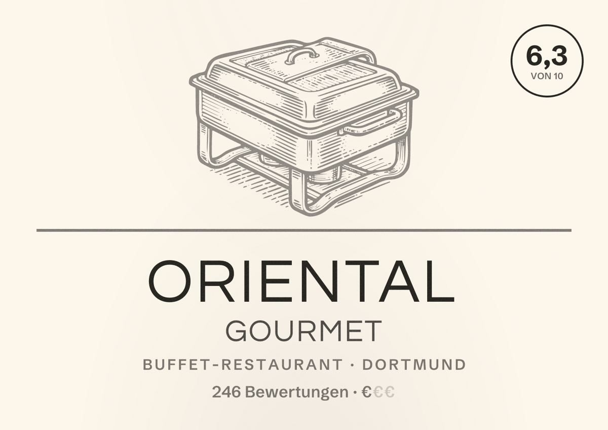 Illustriertes Poster von Oriental Gourmet, Buffet-Restaurant in Dortmund: Bewertung 6,3 von 10 aus 246 Bewertungen, Preisniveau €