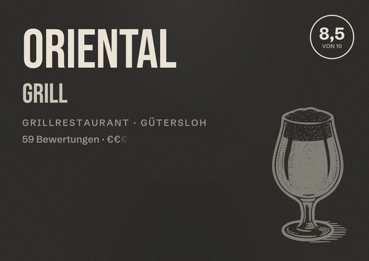 Illustriertes Poster von Oriental Grill, Grillrestaurant in Gütersloh: Bewertung 8,5 von 10 aus 59 Bewertungen, Preisniveau €€
