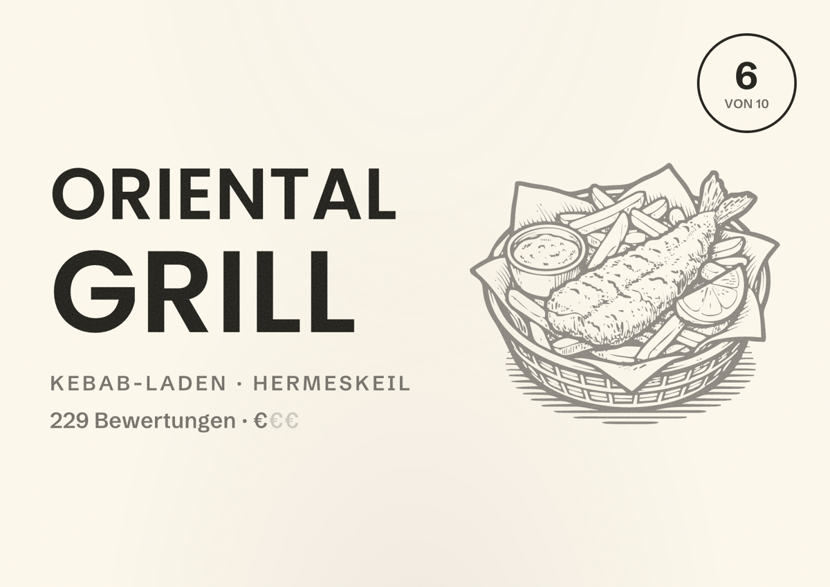 Illustriertes Poster von Oriental Grill, Kebab-Laden in Hermeskeil: Bewertung 6 von 10 aus 229 Bewertungen, Preisniveau €