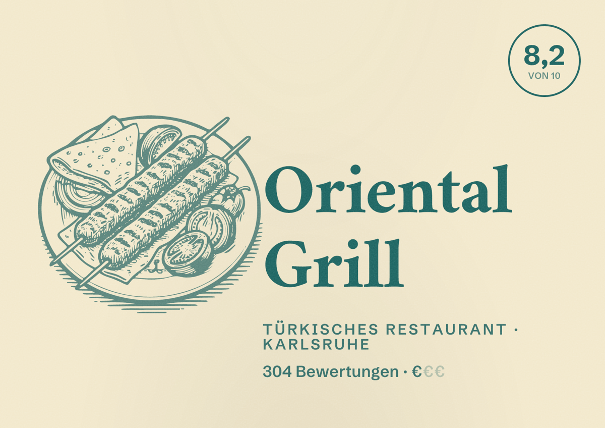 Illustriertes Poster von Oriental Grill, Türkisches Restaurant in Karlsruhe: Bewertung 8,2 von 10 aus 304 Bewertungen, Preisniveau €