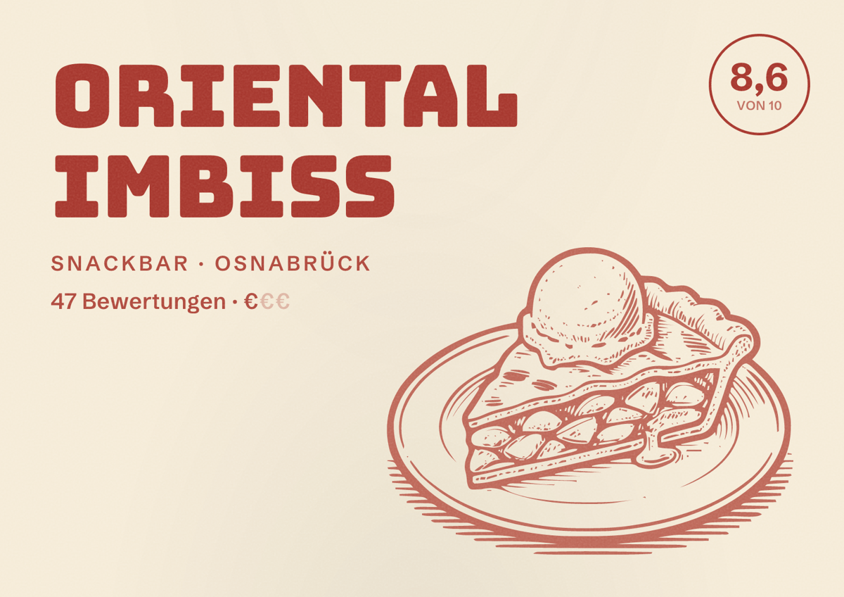 Illustriertes Poster von Oriental Imbiss, Snackbar in Osnabrück: Bewertung 8,6 von 10 aus 47 Bewertungen, Preisniveau €