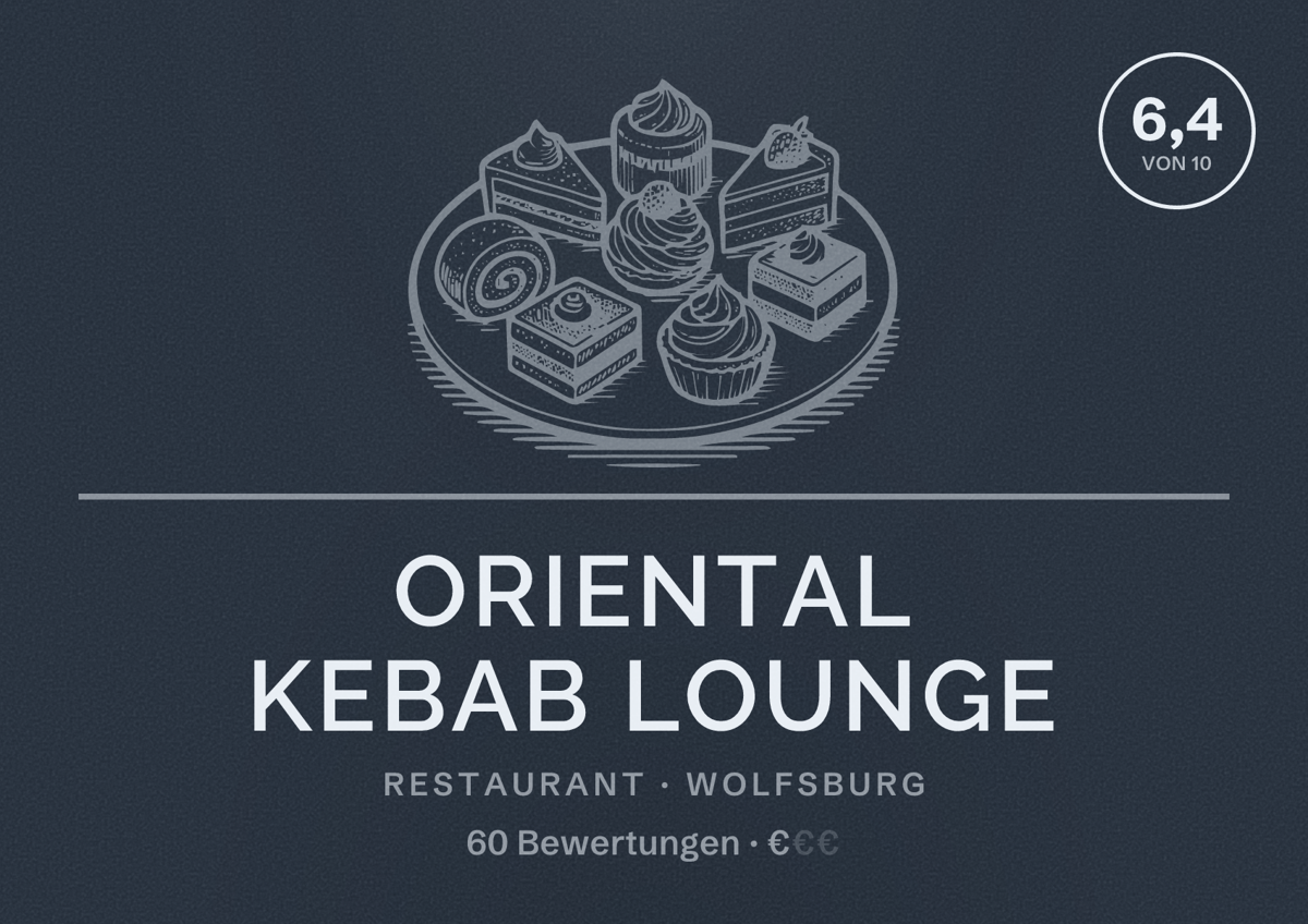 Illustriertes Poster von Oriental Kebab Lounge, Restaurant in Wolfsburg: Bewertung 6,4 von 10 aus 60 Bewertungen, Preisniveau €