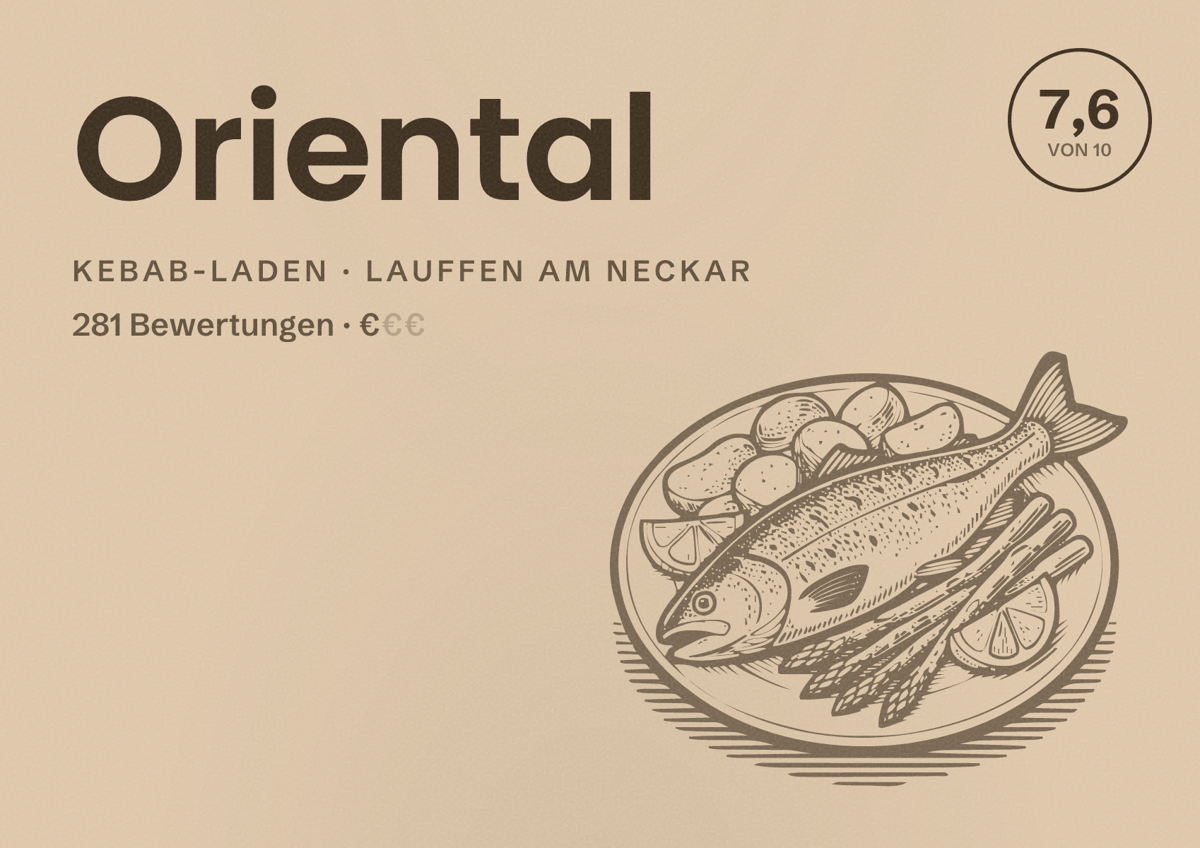 Illustriertes Poster von Oriental, Kebab-Laden in Lauffen am Neckar: Bewertung 7,6 von 10 aus 281 Bewertungen, Preisniveau €