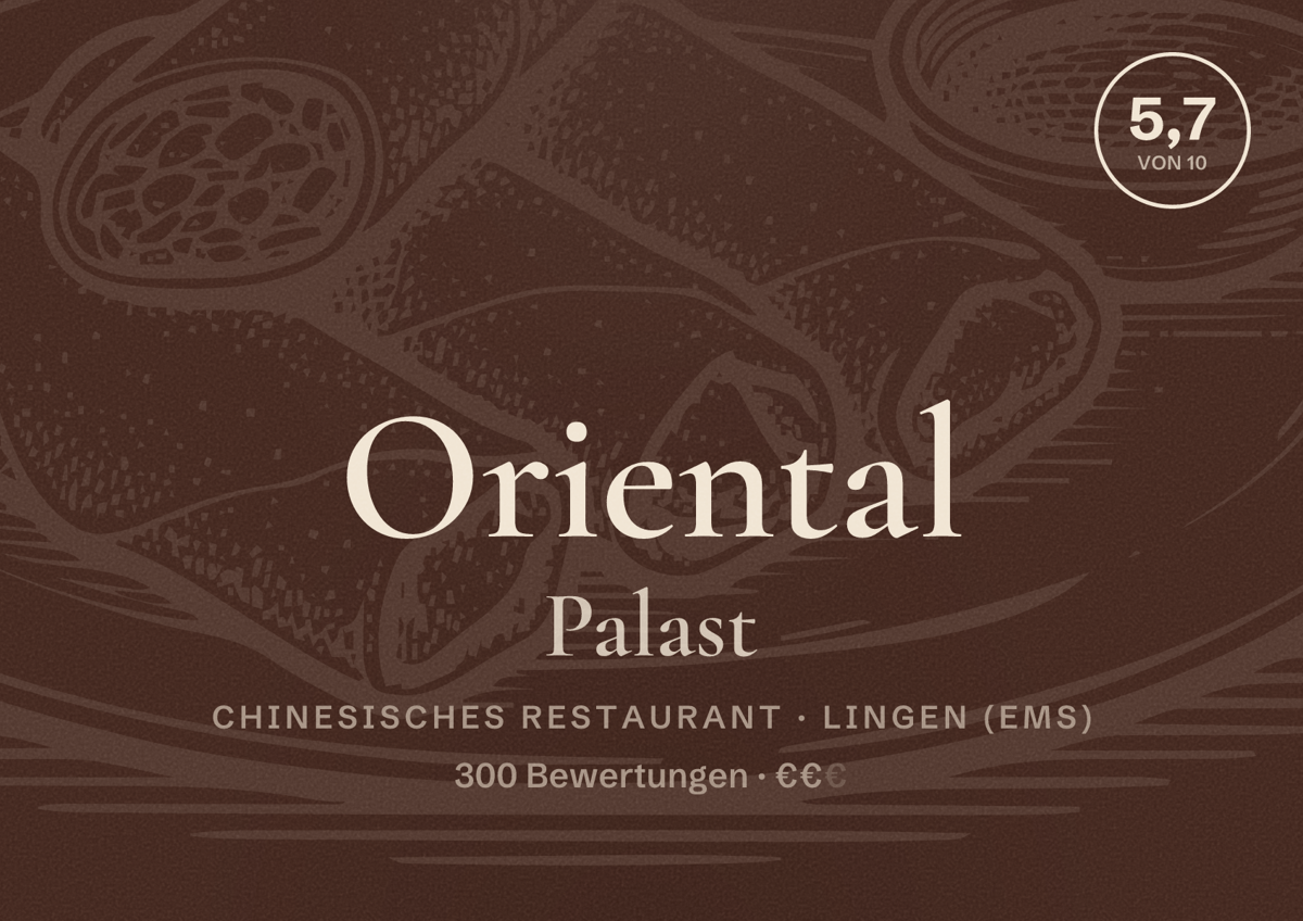 Illustriertes Poster von Oriental Palast, Chinesisches Restaurant in Lingen (Ems): Bewertung 5,7 von 10 aus 300 Bewertungen, Preisniveau €€