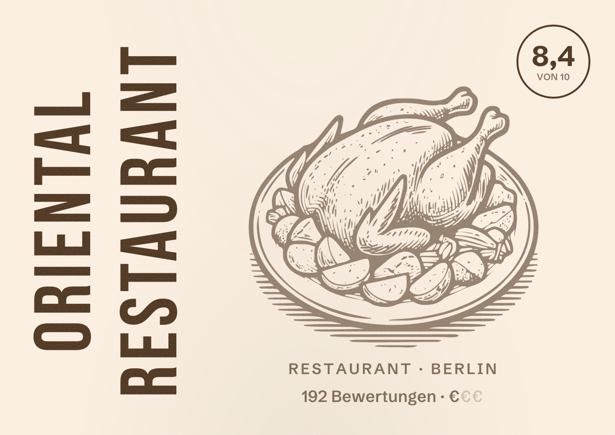 Illustriertes Poster von Oriental Restaurant, Restaurant in Berlin: Bewertung 8,4 von 10 aus 192 Bewertungen, Preisniveau €
